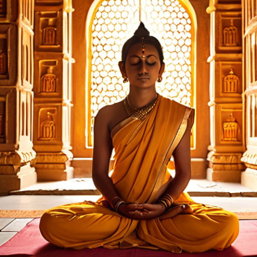 Home 7 **Prompt:** A serene figure in a traditional Hindu temple, meditating deeply, enveloped in soft, golden light. The atmosphere should convey profound spirituality, ancient wisdom, and inner peace, with subtle traditional architectural elements and spiritual symbols. Emphasize a sense of timeless devotion and divine connection. *Vibrant colors, high detail, ethereal quality.*
