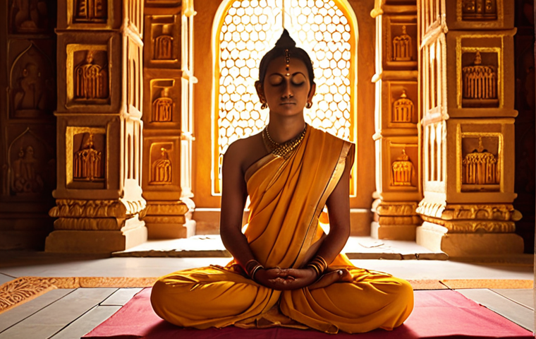 **Prompt:** A serene figure in a traditional Hindu temple, meditating deeply, enveloped in soft, golden light. The atmosphere should convey profound spirituality, ancient wisdom, and inner peace, with subtle traditional architectural elements and spiritual symbols. Emphasize a sense of timeless devotion and divine connection. *Vibrant colors, high detail, ethereal quality.*