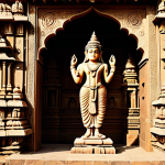 A magnificent, professionally photographed ancient Indian temple from the Gupta period, featuring intricately carved stone facades and harmonious architectural proportions. The temple stands majestically amidst a serene, natural landscape with clear blue skies, subtly illuminated by golden hour light. Details include well-formed sculptures of Hindu deities on the temple walls, displaying perfect anatomy and natural poses. The scene is fully clothed, appropriate attire, safe for work, appropriate content, and family-friendly, conveying a sense of spiritual peace and cultural grandeur.