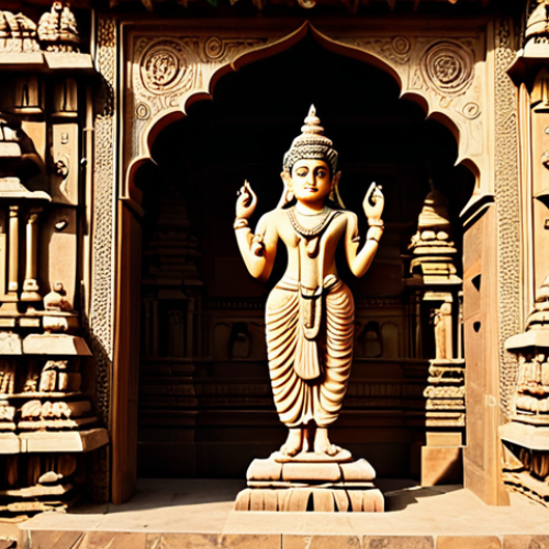 Home 15 A magnificent, professionally photographed ancient Indian temple from the Gupta period, featuring intricately carved stone facades and harmonious architectural proportions. The temple stands majestically amidst a serene, natural landscape with clear blue skies, subtly illuminated by golden hour light. Details include well-formed sculptures of Hindu deities on the temple walls, displaying perfect anatomy and natural poses. The scene is fully clothed, appropriate attire, safe for work, appropriate content, and family-friendly, conveying a sense of spiritual peace and cultural grandeur.