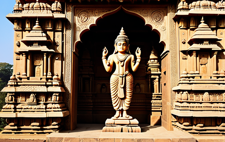 A magnificent, professionally photographed ancient Indian temple from the Gupta period, featuring intricately carved stone facades and harmonious architectural proportions. The temple stands majestically amidst a serene, natural landscape with clear blue skies, subtly illuminated by golden hour light. Details include well-formed sculptures of Hindu deities on the temple walls, displaying perfect anatomy and natural poses. The scene is fully clothed, appropriate attire, safe for work, appropriate content, and family-friendly, conveying a sense of spiritual peace and cultural grandeur.