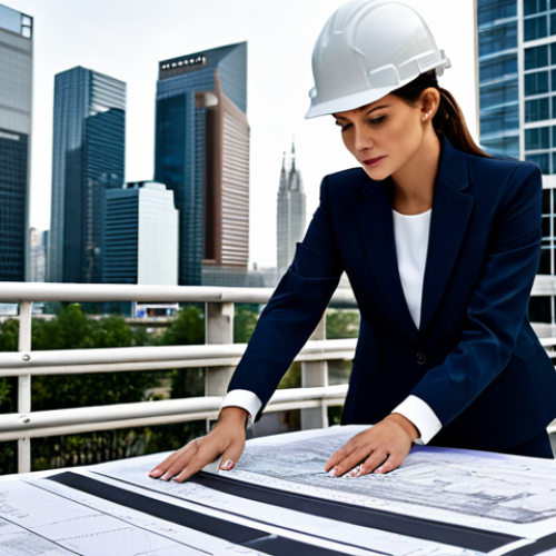 Home 8 ** A professional female architect, fully clothed in a stylish yet modest business suit, reviewing blueprints on a construction site with a cityscape in the background. Perfect anatomy, correct proportions, well-formed hands, appropriate attire, safe for work, professional, natural pose, appropriate content, high quality.
**
