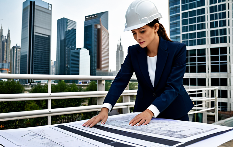 ** A professional female architect, fully clothed in a stylish yet modest business suit, reviewing blueprints on a construction site with a cityscape in the background. Perfect anatomy, correct proportions, well-formed hands, appropriate attire, safe for work, professional, natural pose, appropriate content, high quality.

**