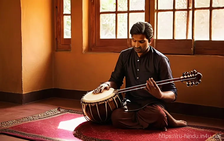 힌두교와 음악 치료 - **Prompt:** A highly skilled Indian musician, a man in his 40s, fully clothed in elegant, traditiona...