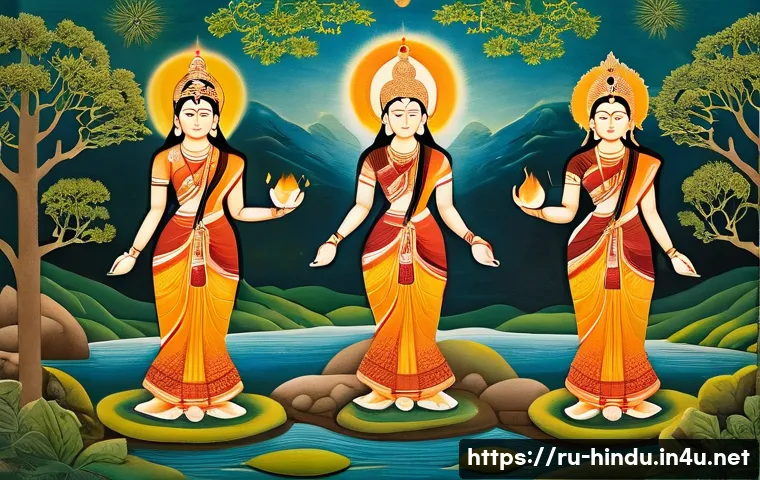 힌두교 아유르베다 의학 - A serene scene depicting three symbolic human figures representing the Ayurvedic doshas&mdash;Vata, Pitta,...