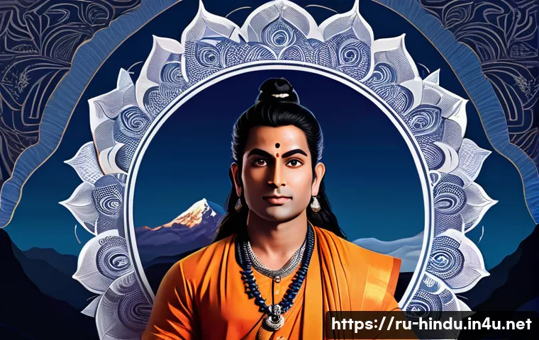 힌두교와 예술 영화 - A serene and mystical scene depicting a male protagonist embodying the Hindu god Shiva, symbolizing ...