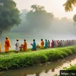 Home 18 힌두교와 생태 운동 - A serene scene of an Indian sacred riverbank at sunrise, featuring devotees dressed in traditional m...