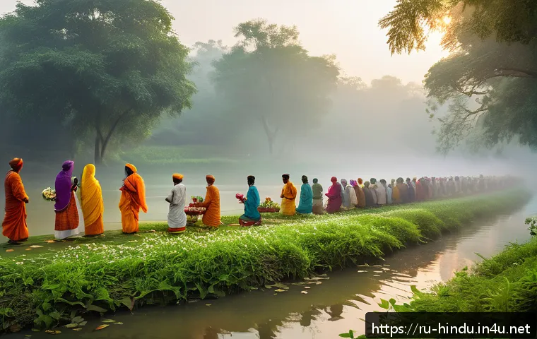 힌두교와 생태 운동 - A serene scene of an Indian sacred riverbank at sunrise, featuring devotees dressed in traditional m...