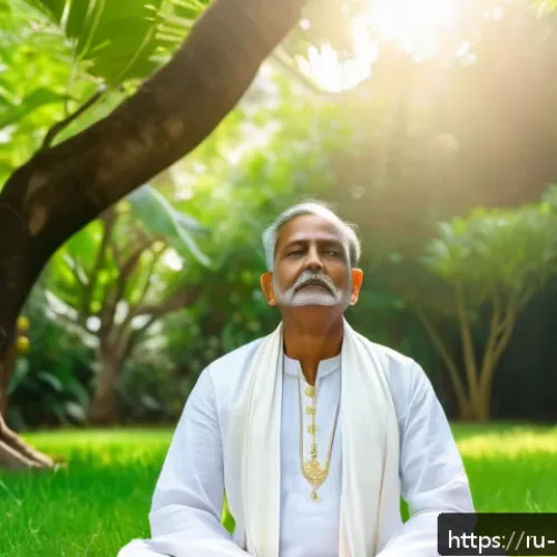 Home 17 힌두교와 간디 철학 - A serene and contemplative portrait of a middle-aged Indian man meditating outdoors in a lush green ...