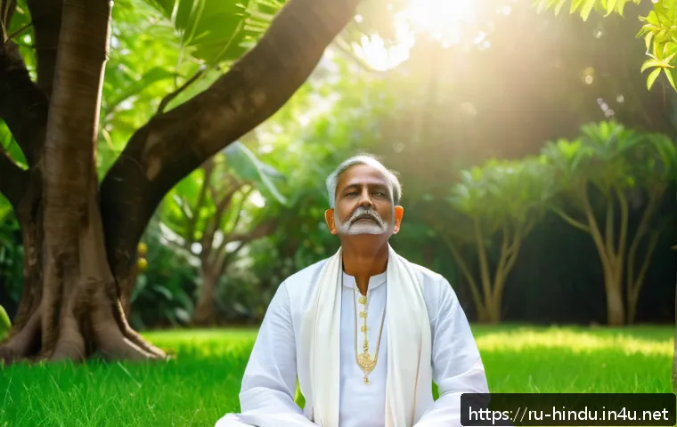 힌두교와 간디 철학 - A serene and contemplative portrait of a middle-aged Indian man meditating outdoors in a lush green ...