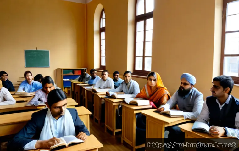 Home 17 힌두교와 고등교육 - Photorealistic university classroom in Moscow, a Hindu professor in modest traditional attire leadin...
