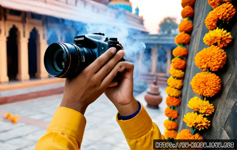 Home 17 힌두교와 사진 - Photorealistic close-up of a Russian traveler’s hands holding a modern camera while photographing a ...