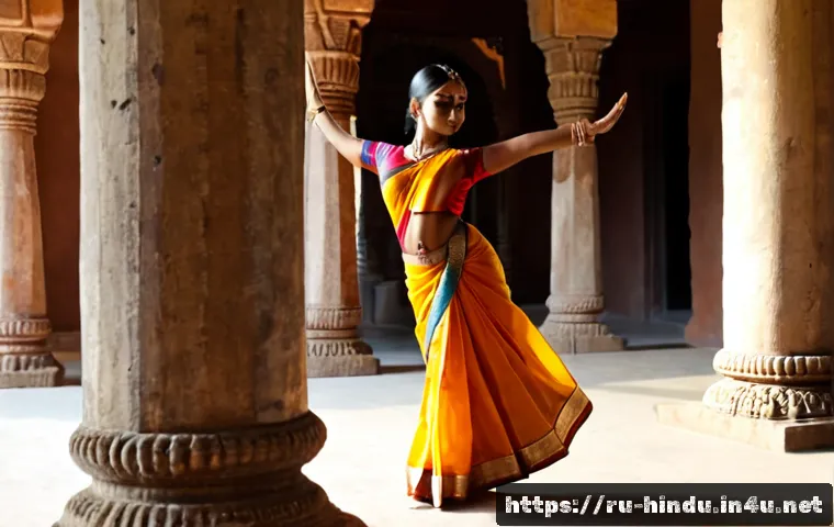 Home 17 힌두교와 춤 바라타나티얌 - Photorealistic Bharatanatyam dancer performing a graceful Hindu devotional pose inside a sunlit Sout...