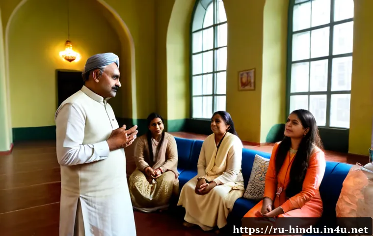 Home 17 힌두교와 리더십 - Photorealistic Hindu community leader guiding a diverse group of adults in a calm discussion inside ...