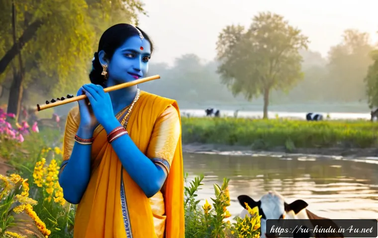 힌두교 신화 크리슈나 이야기 - Photorealistic cinematic depiction of Krishna in Hindu mythology, serene blue-skinned youthful deity...